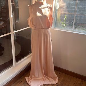 CLASSIC ELEGANCE CHAMPAGNE SATIN SLEEVELESS MOCK NECK MAXI DRESS LULUS